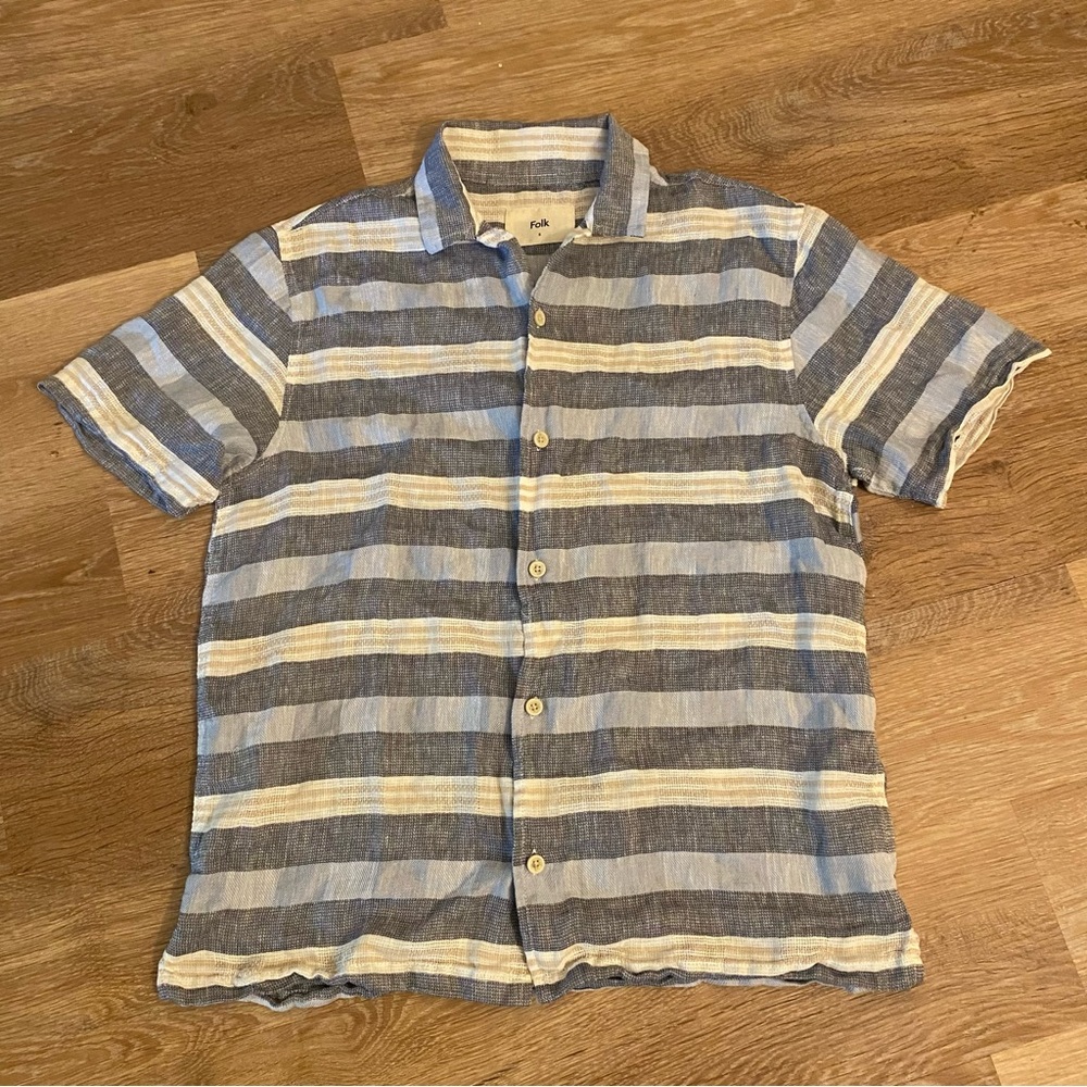 Folk Linen Blend Short Sleeve Button Up Size Small | Stripes Patterned Textured